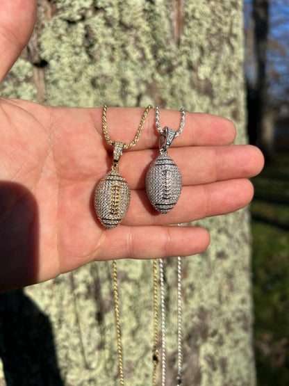 Real Moissanite Iced 3D Football Pendant Solid 925 Sterling Silver / Gold Plated