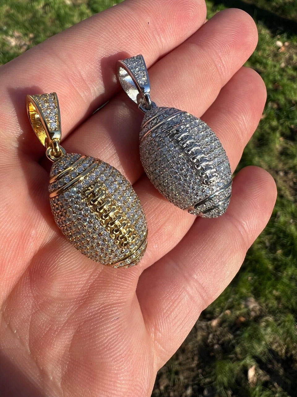 Real Moissanite Iced 3D Football Pendant Solid 925 Sterling Silver / Gold Plated