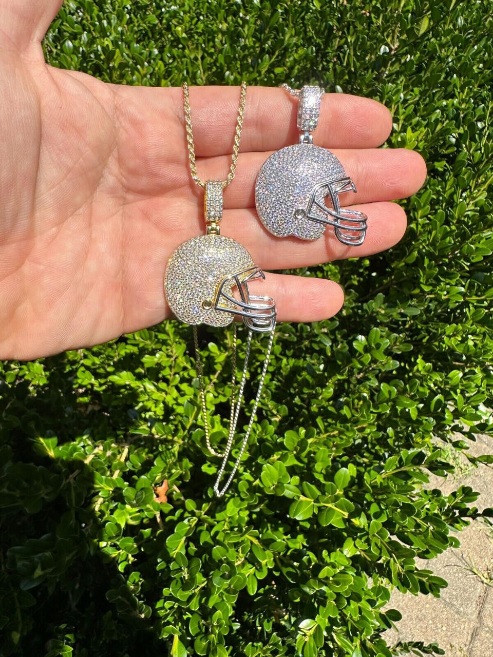 Real Moissanite Iced Football Helmet Pendant Solid 925 Silver / 14k Gold Plated
