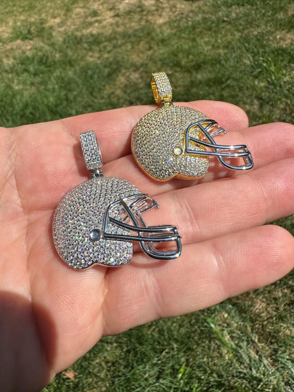 Real Moissanite Iced Football Helmet Pendant Solid 925 Silver / 14k Gold Plated
