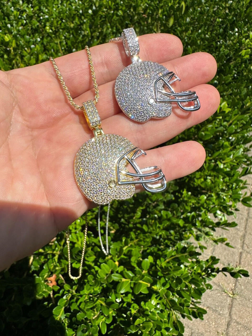 Real Moissanite Iced Football Helmet Pendant Solid 925 Silver / 14k Gold Plated