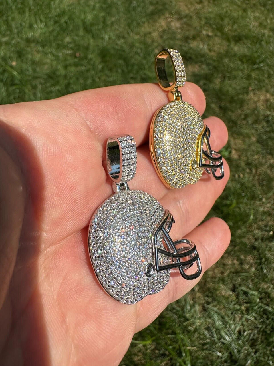 Real Moissanite Iced Football Helmet Pendant Solid 925 Silver / 14k Gold Plated