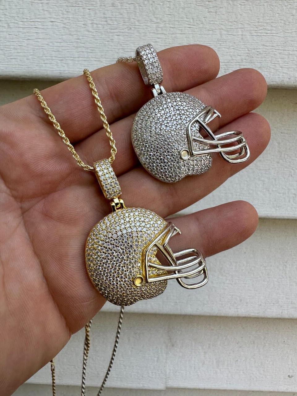 Real Moissanite Iced Football Helmet Pendant Solid 925 Silver / 14k Gold Plated