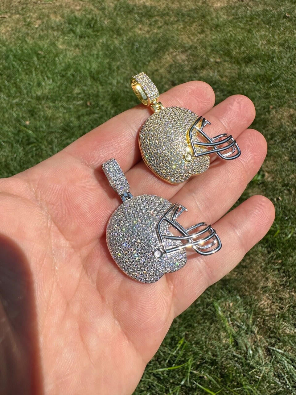 Real Moissanite Iced Football Helmet Pendant Solid 925 Silver / 14k Gold Plated Yellow Gold