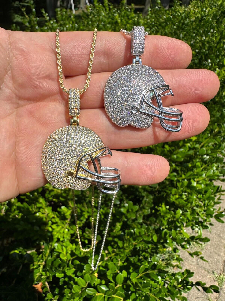 Real Moissanite Iced Football Helmet Pendant Solid 925 Silver / 14k Gold Plated