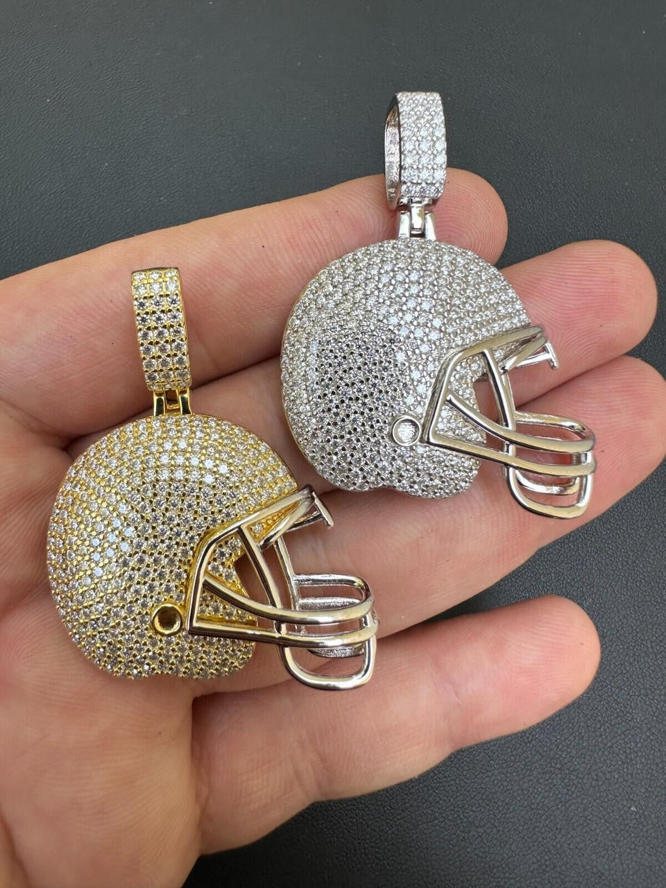 Real Moissanite Iced Football Helmet Pendant Solid 925 Silver / 14k Gold Plated