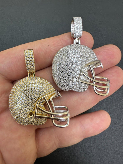 Real Moissanite Iced Football Helmet Pendant Solid 925 Silver / 14k Gold Plated