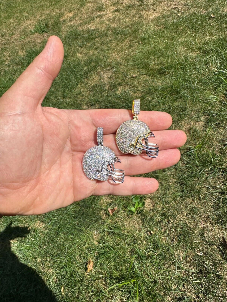 Real Moissanite Iced Football Helmet Pendant Solid 925 Silver / 14k Gold Plated
