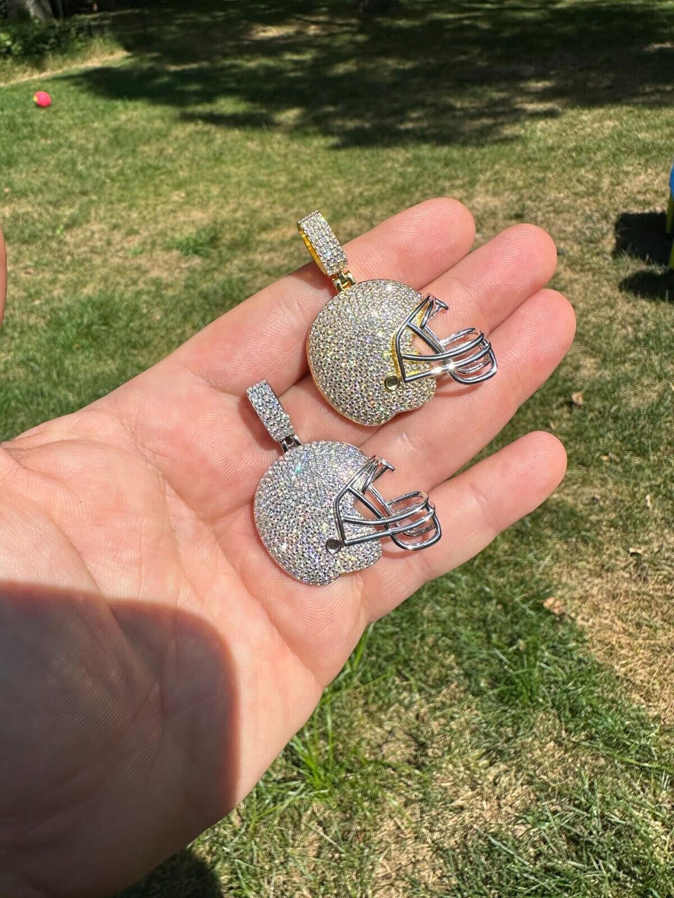 Real Moissanite Iced Football Helmet Pendant Solid 925 Silver / 14k Gold Plated
