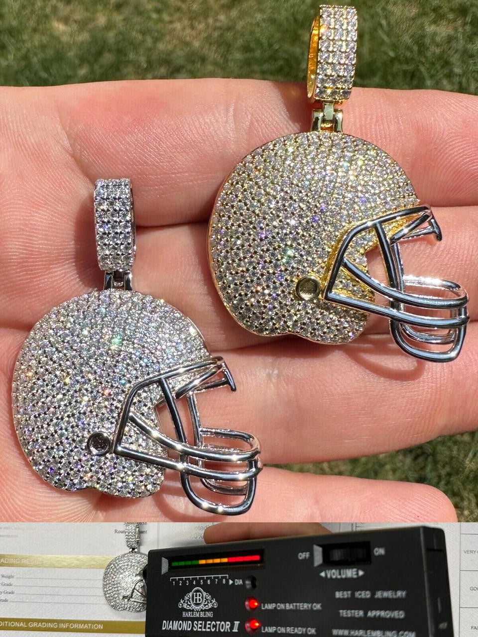 bling football helmet Real Moissanite Iced Football Helmet Pendant Solid 925 Silver / 14k Gold Plated Yellow Gold