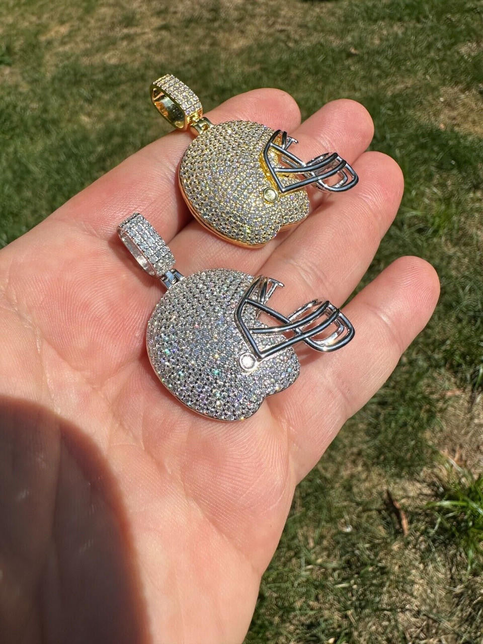 Real Moissanite Iced Football Helmet Pendant Solid 925 Silver / 14k Gold Plated