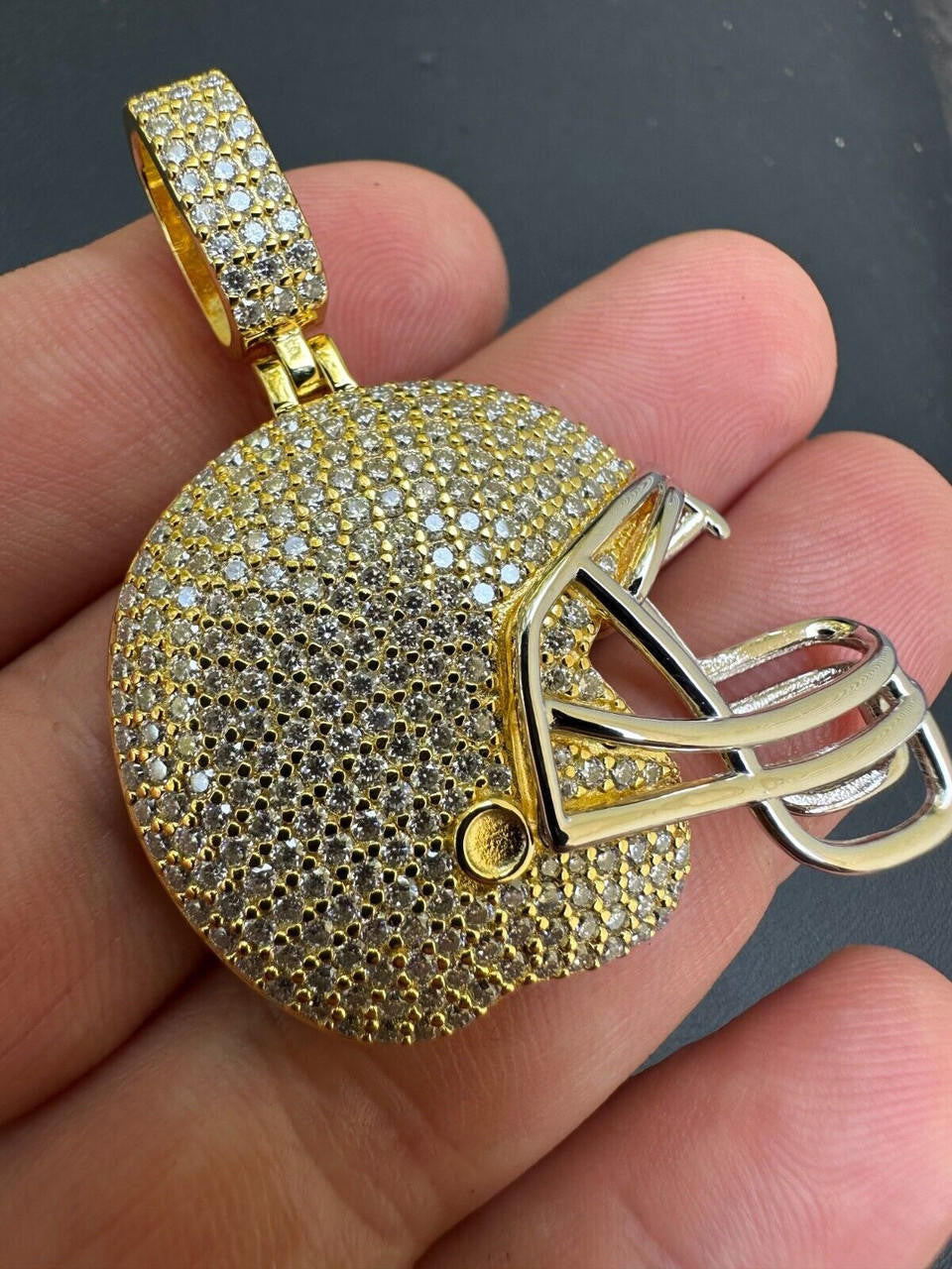Real Moissanite Iced Football Helmet Pendant Solid 925 Silver / 14k Gold Plated