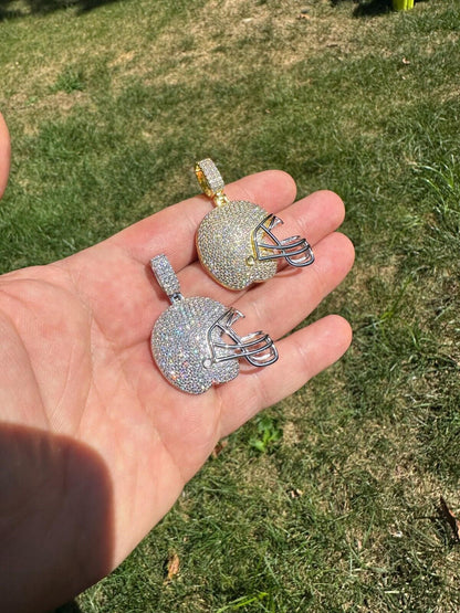 Real Moissanite Iced Football Helmet Pendant Solid 925 Silver / 14k Gold Plated