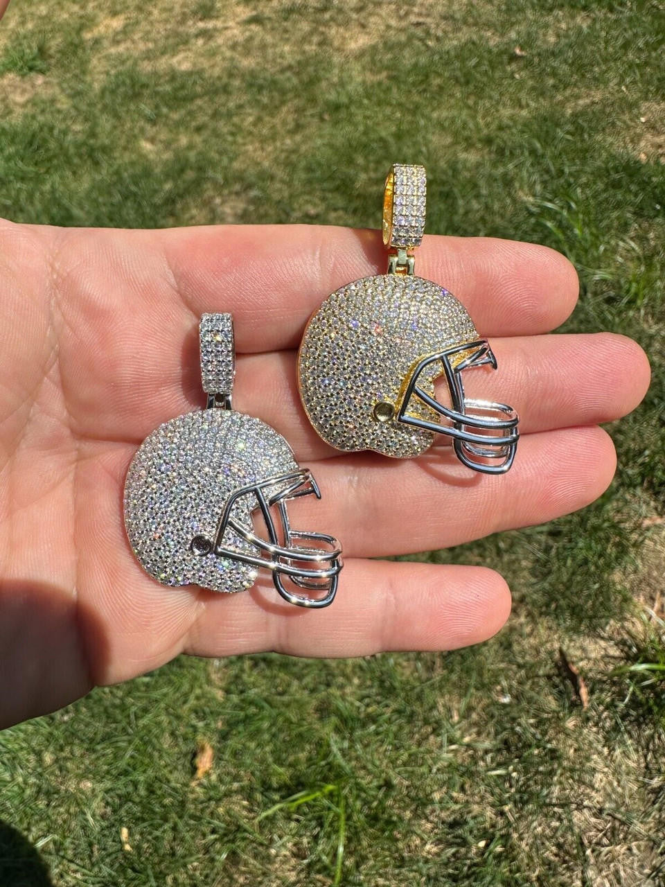 Real Moissanite Iced Football Helmet Pendant Solid 925 Silver / 14k Gold Plated