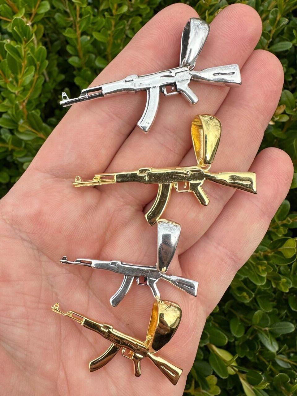 Real Solid 925 Silver / 14k Gold Mens AK47 Gun Rifle Gangster