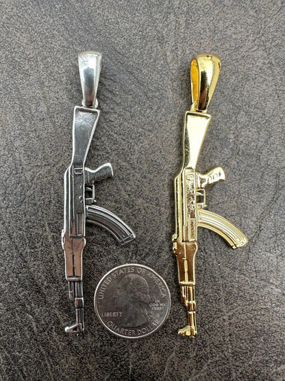 Real Solid 925 Silver / 14k Gold Mens AK47 Gun Rifle Pendant Necklace Hip Hop
