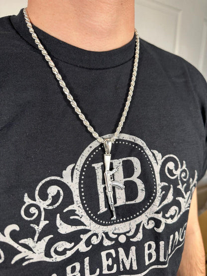 Real Solid 925 Silver / 14k Gold Mens AK47 Gun Rifle Pendant Necklace Hip Hop