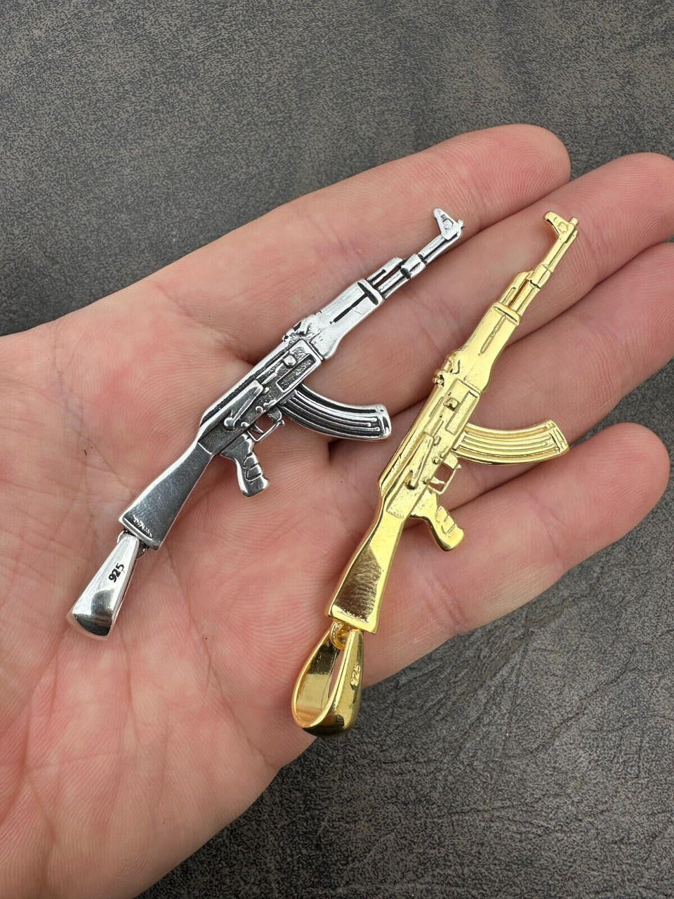 Real Solid 925 Silver / 14k Gold Mens AK47 Gun Rifle Pendant
