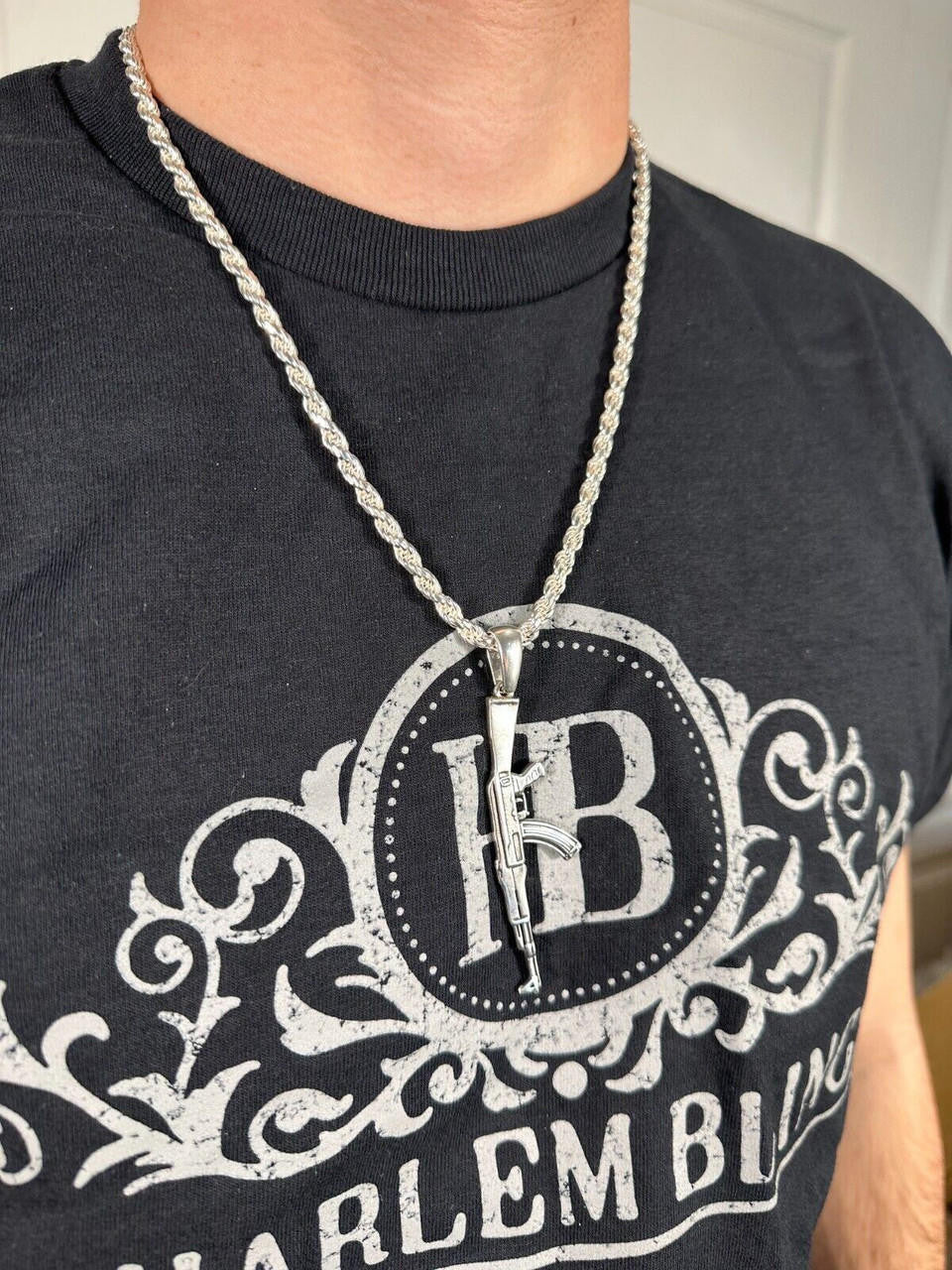 Real Solid 925 Silver / 14k Gold Mens AK47 Gun Rifle Pendant Necklace Hip Hop