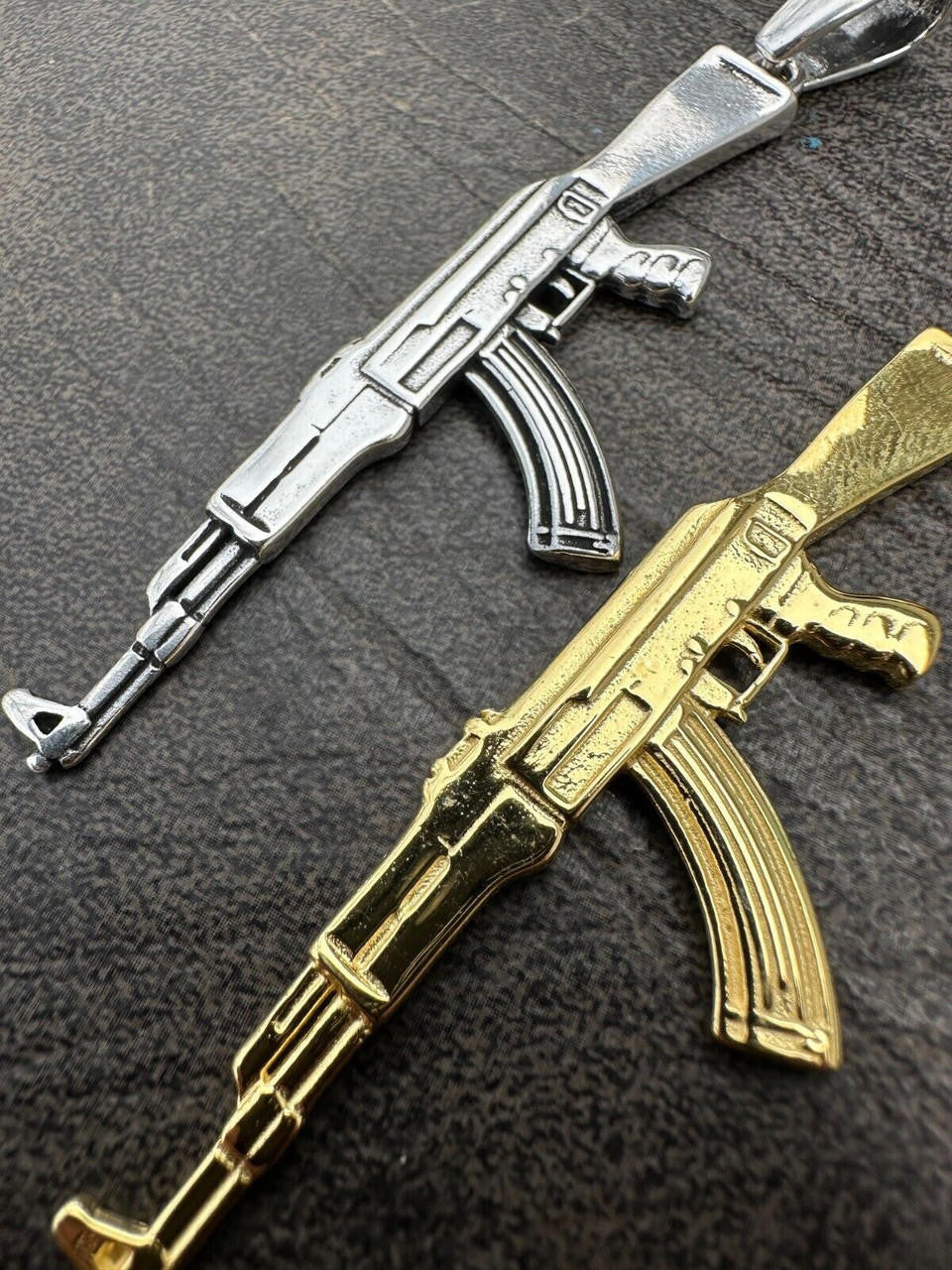 Real Solid 925 Silver / 14k Gold Mens AK47 Gun Rifle Pendant Necklace Hip Hop