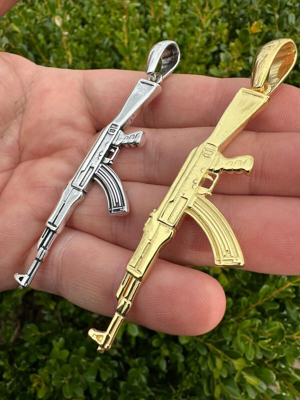 Real Solid 925 Silver / 14k Gold Mens AK47 Gun Rifle Pendant Necklace Hip Hop