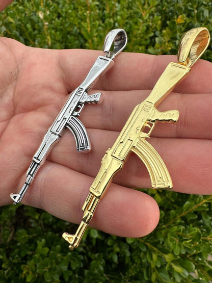 Real Solid 925 Silver / 14k Gold Mens AK47 Gun Rifle Pendant Necklace Hip Hop