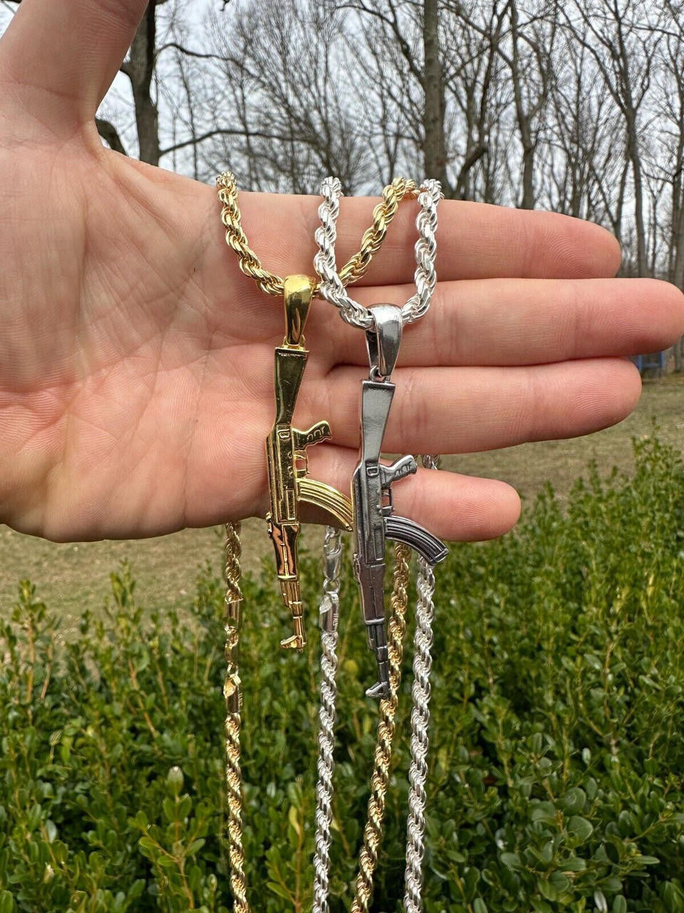 Real Solid 925 Silver / 14k Gold Mens AK47 Gun Rifle Pendant Necklace Hip Hop