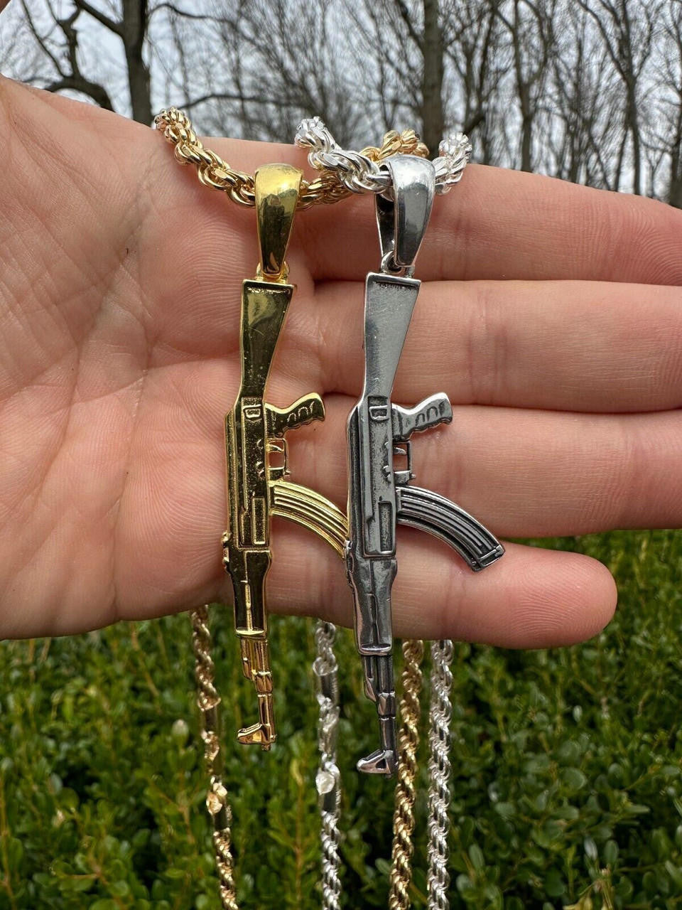 Real Solid 925 Silver / 14k Gold Mens AK47 Gun Rifle Pendant Necklace Hip Hop