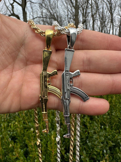 Real Solid 925 Silver / 14k Gold Mens AK47 Gun Rifle Pendant Necklace Hip Hop