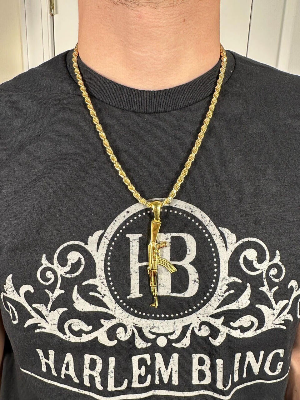 Real Solid 925 Silver / 14k Gold Mens AK47 Gun Rifle Pendant Necklace Hip Hop