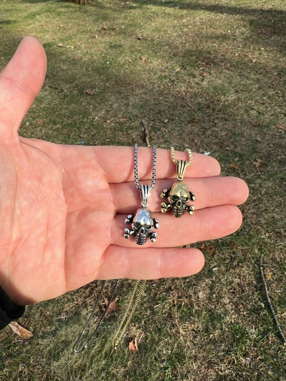 Real Solid 925 Silver Goth Skull and Cross Bones Death Pendant Necklace Gold Biker