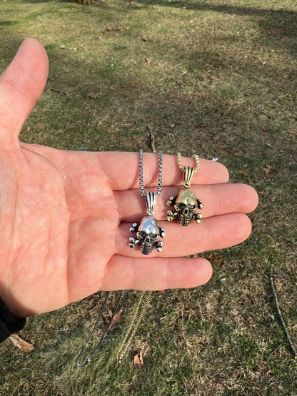 Real Solid 925 Silver Goth Skull and Cross Bones Death Pendant Necklace Gold Biker
