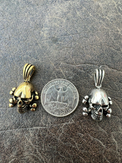 Real Solid 925 Silver Goth Skull and Cross Bones Death Pendant Necklace Gold Biker