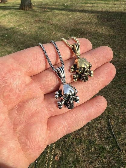 Real Solid 925 Silver Goth Skull and Cross Bones Death Pendant Necklace Gold Biker