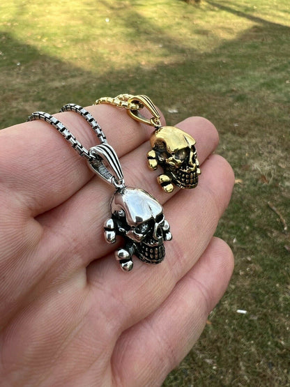 Real Solid 925 Silver Goth Skull and Cross Bones Death Pendant Necklace Gold Biker