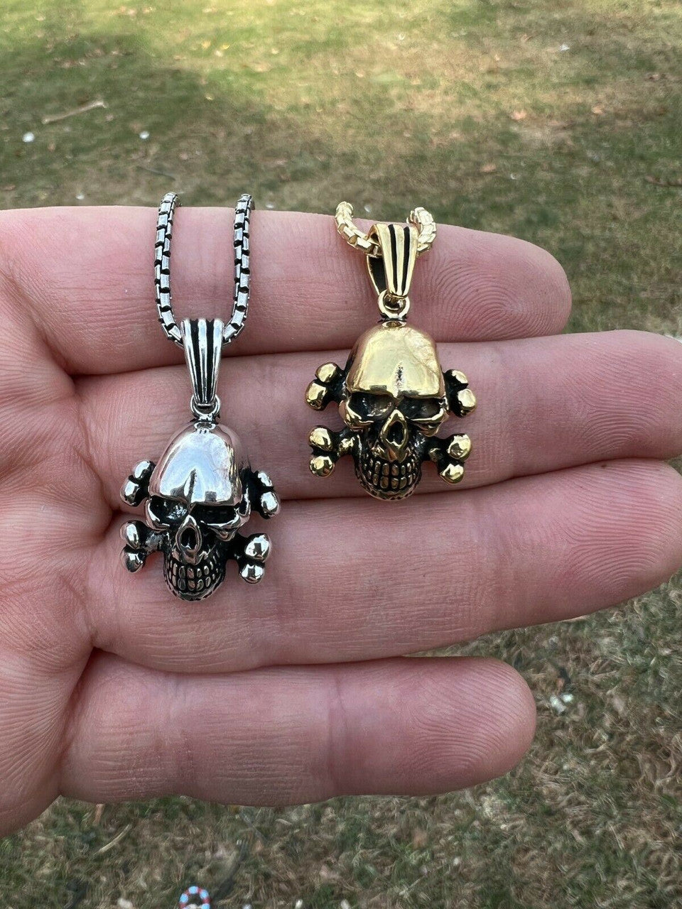 Real Solid 925 Silver Goth Skull and Cross Bones Death Pendant Necklace Gold Biker