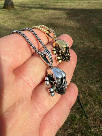 Real Solid 925 Silver Goth Skull and Cross Bones Death Pendant Necklace Gold Biker