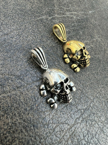 Real Solid 925 Silver Goth Skull and Cross Bones Death Pendant Necklace Gold Biker