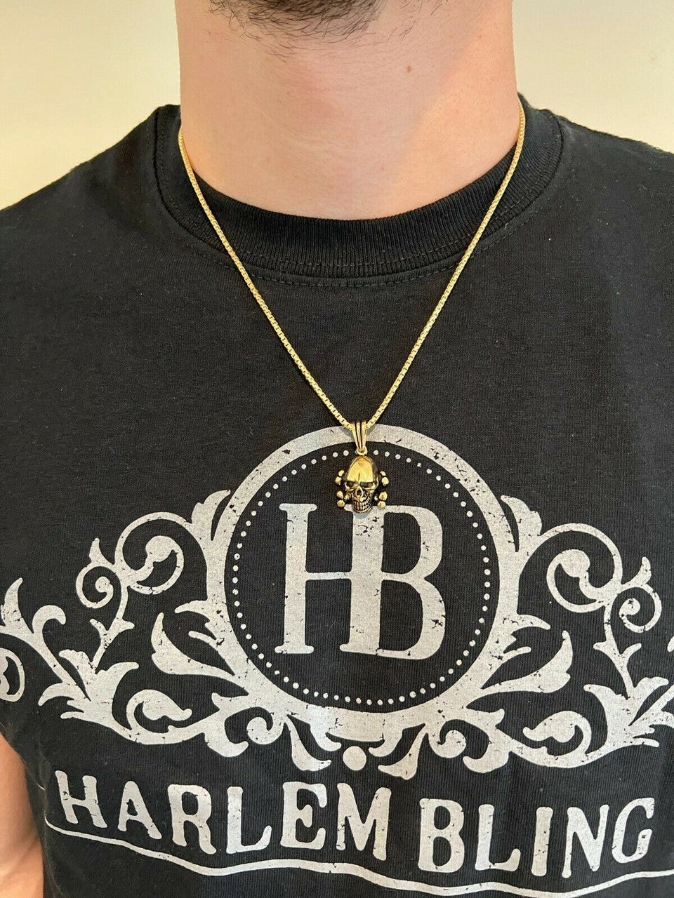Real Solid 925 Silver Goth Skull and Cross Bones Death Pendant Necklace Gold Biker