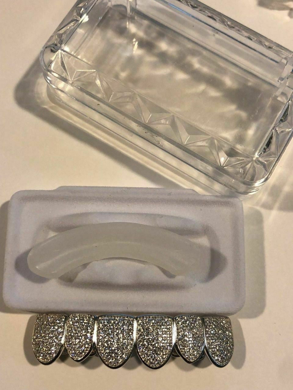 Real SOLID 925 Silver ICED Diamond Custom GRILLZ Teeth Top and Bottom Set Hip Hop