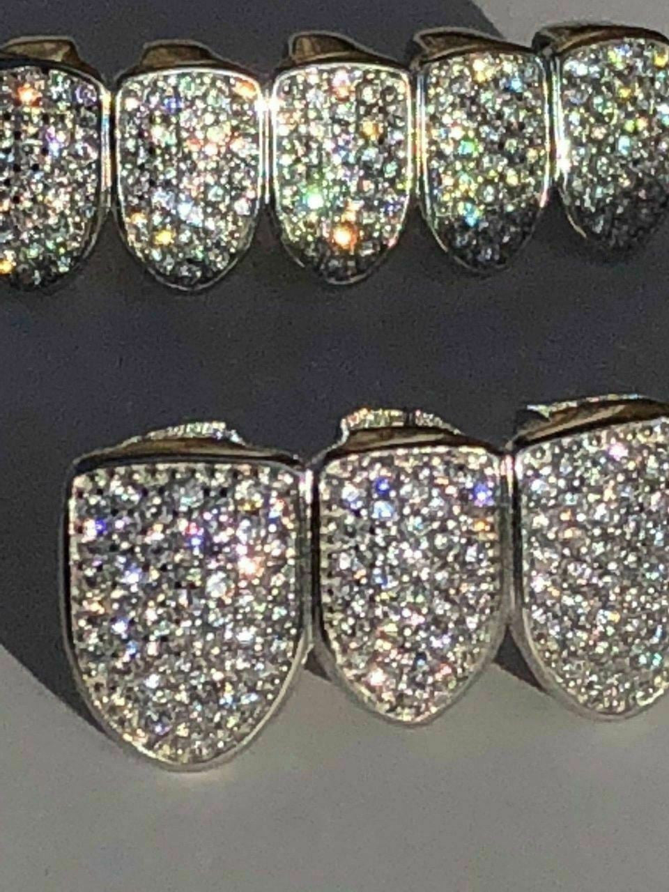 Real SOLID 925 Silver ICED Diamond Custom GRILLZ Teeth Top and Bottom Set Hip Hop