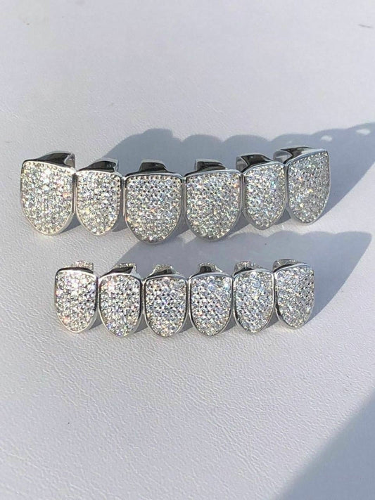 Real SOLID 925 Silver ICED Diamond Custom GRILLZ Teeth Top and Bottom Set Hip Hop