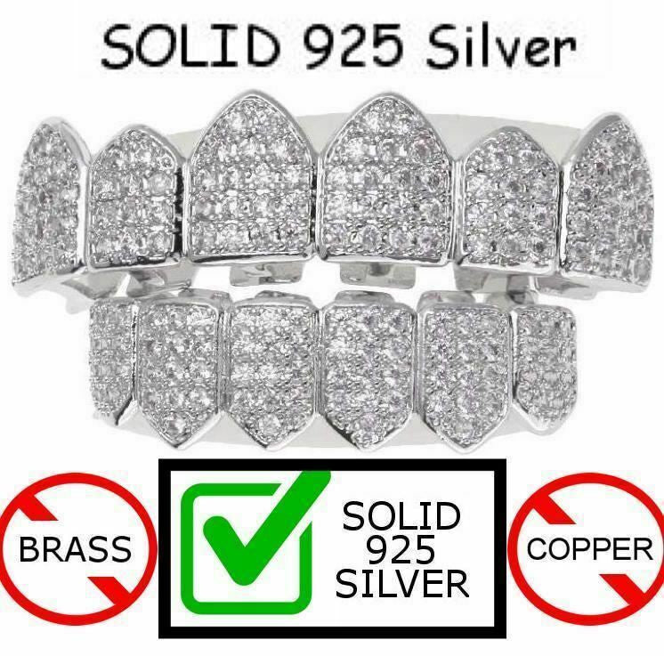 Real SOLID 925 Silver ICED Diamond Custom GRILLZ Teeth Top and Bottom Set Hip Hop