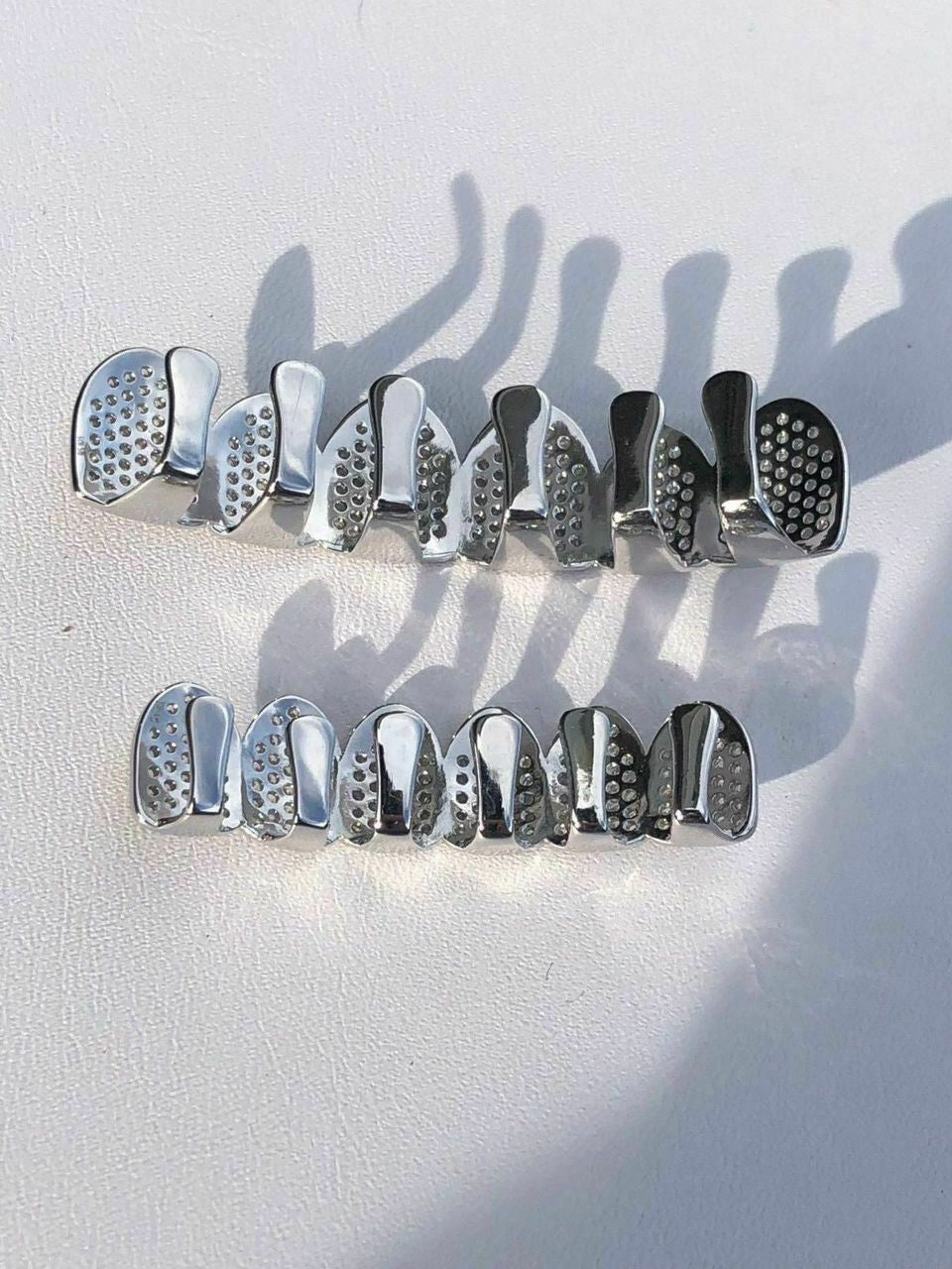 Real SOLID 925 Silver ICED Diamond Custom GRILLZ Teeth Top and Bottom Set Hip Hop