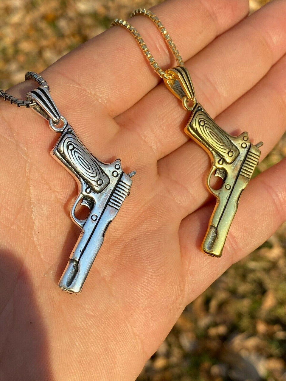 Real Solid 925 Silver Mens 9mm Glock Gun Pistol Pendant Heavy 2 Gold Necklace