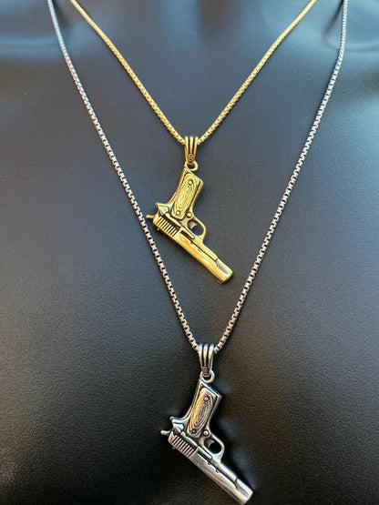Real Solid 925 Silver Mens 9mm Glock Gun Pistol Pendant Heavy 2 Gold Necklace