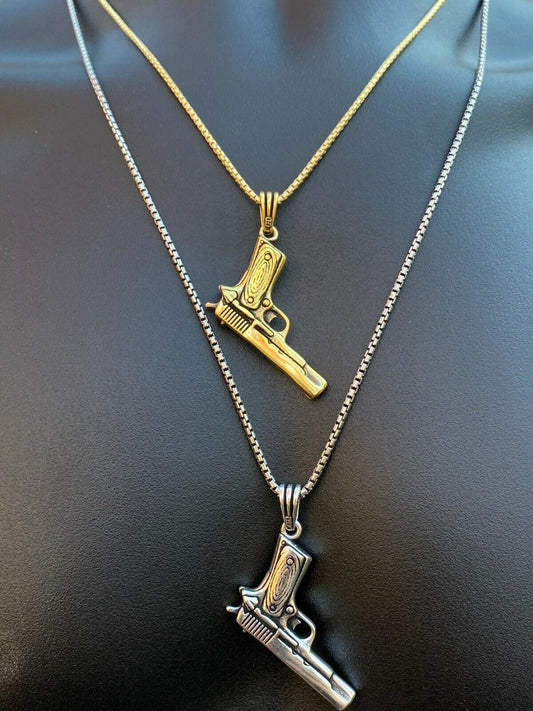 Real Solid 925 Silver Mens 9mm Glock Gun Pistol Pendant Heavy 2 Gold Necklace