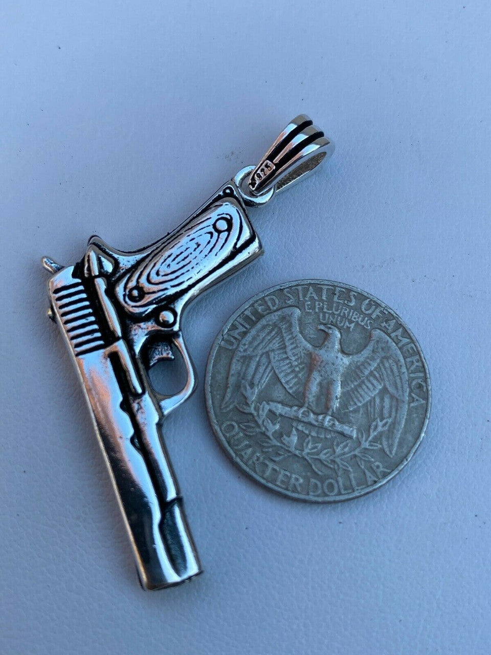 Real Solid 925 Silver Mens 9mm Glock Gun Pistol Pendant Heavy 2 Gold Necklace