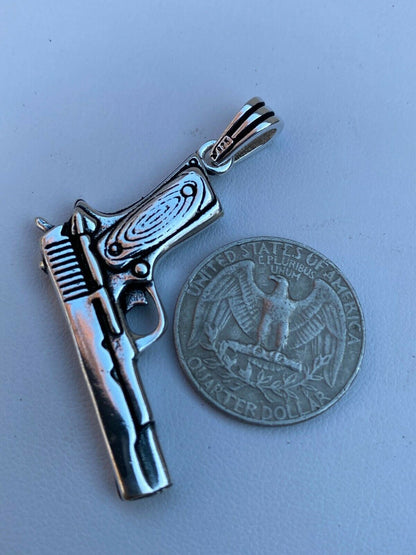 Real Solid 925 Silver Mens 9mm Glock Gun Pistol Pendant Heavy 2 Gold Necklace
