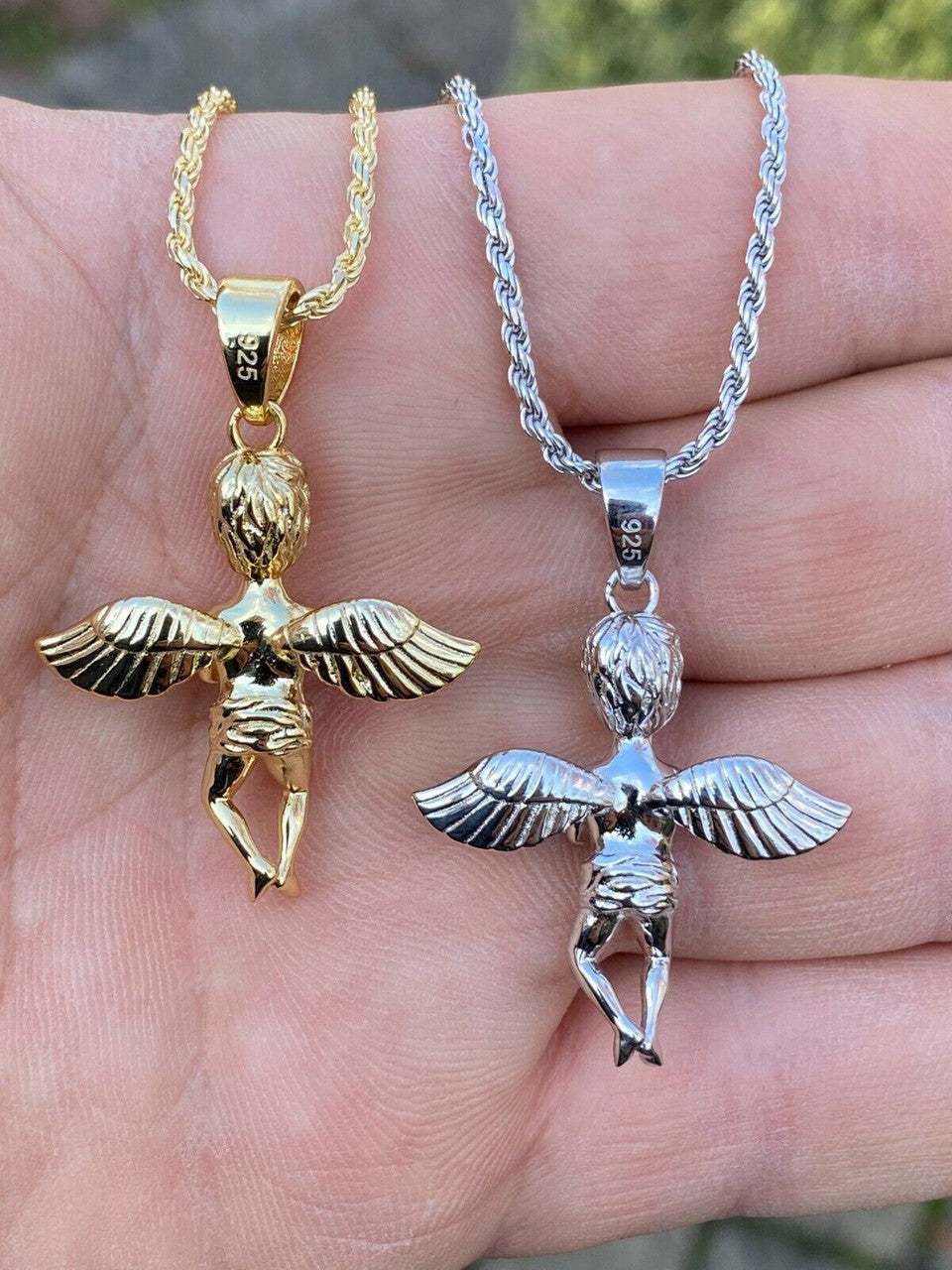 Real Solid 925 Silver Micro Angel Cherub Hip Hop Pendant Gold Necklace Praying